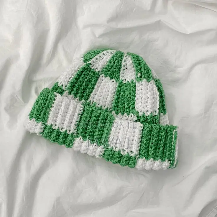 Checkered Crochet Beanie / Handmade