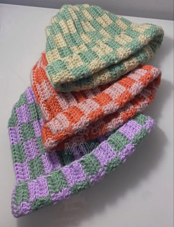 Checkered Crochet Beanie / Handmade