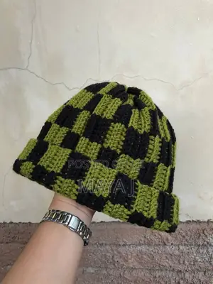 Checkered Crochet Beanie / Handmade