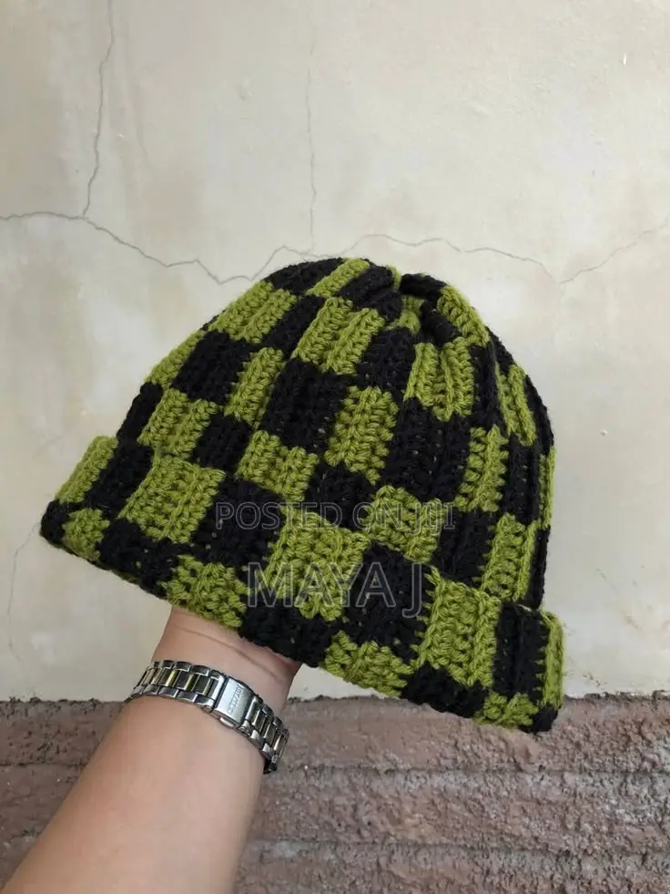 Checkered Crochet Beanie / Handmade