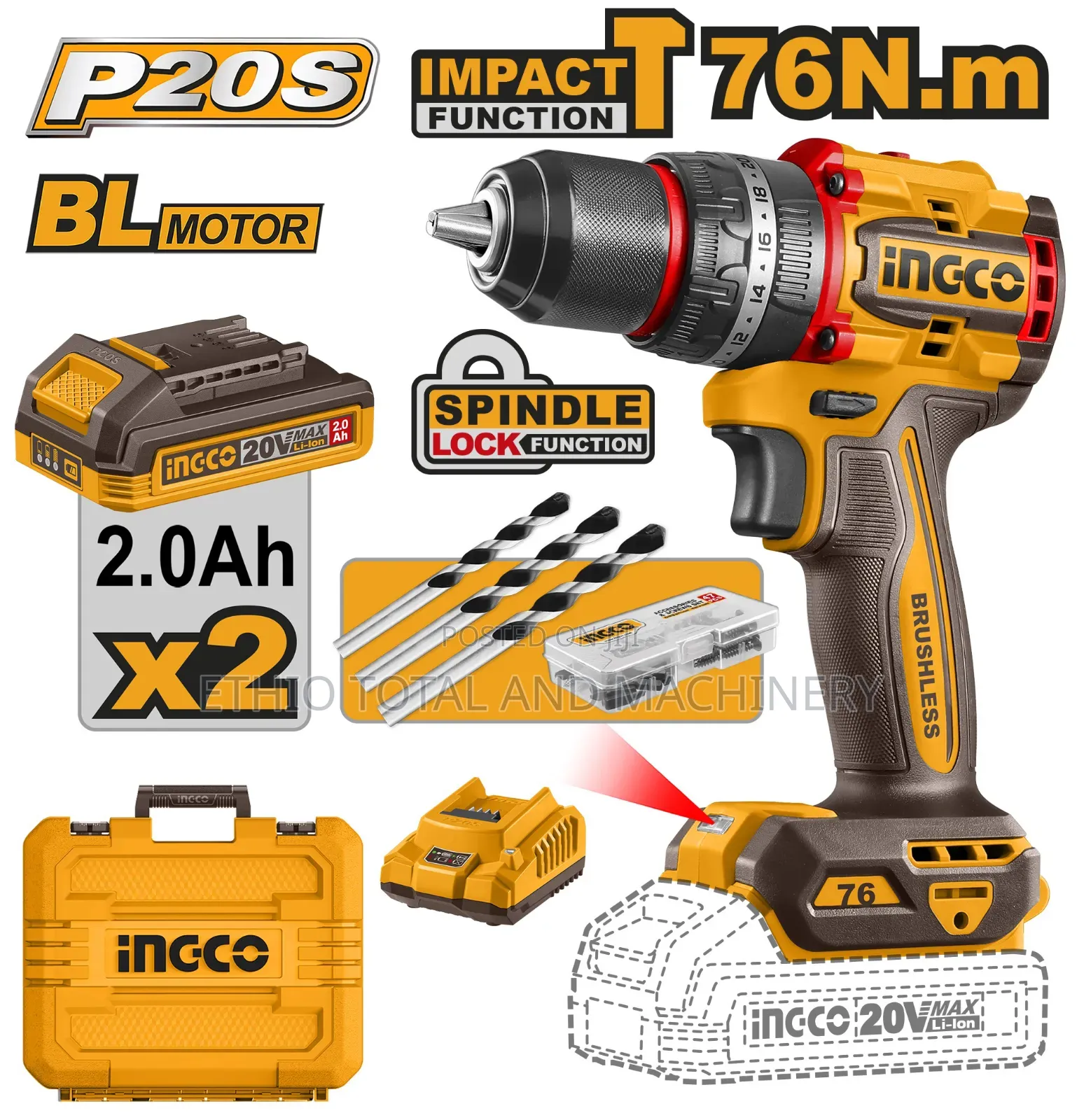 Original Ingco Charger Drill 76 Nm 20 v Brushless