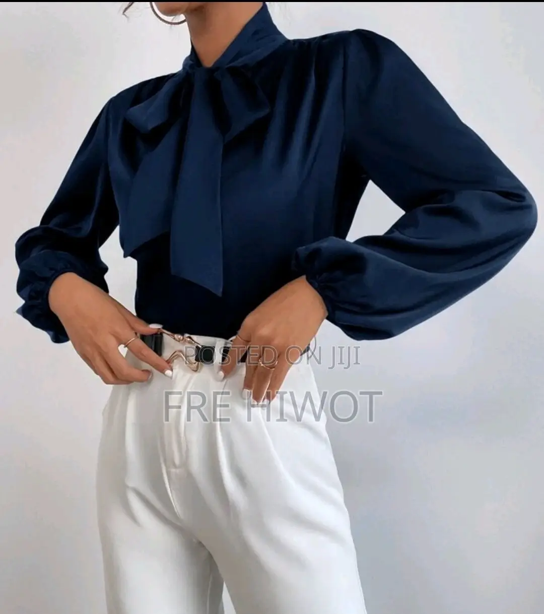Satin Tie Neck Bishop Sleeve Blouse