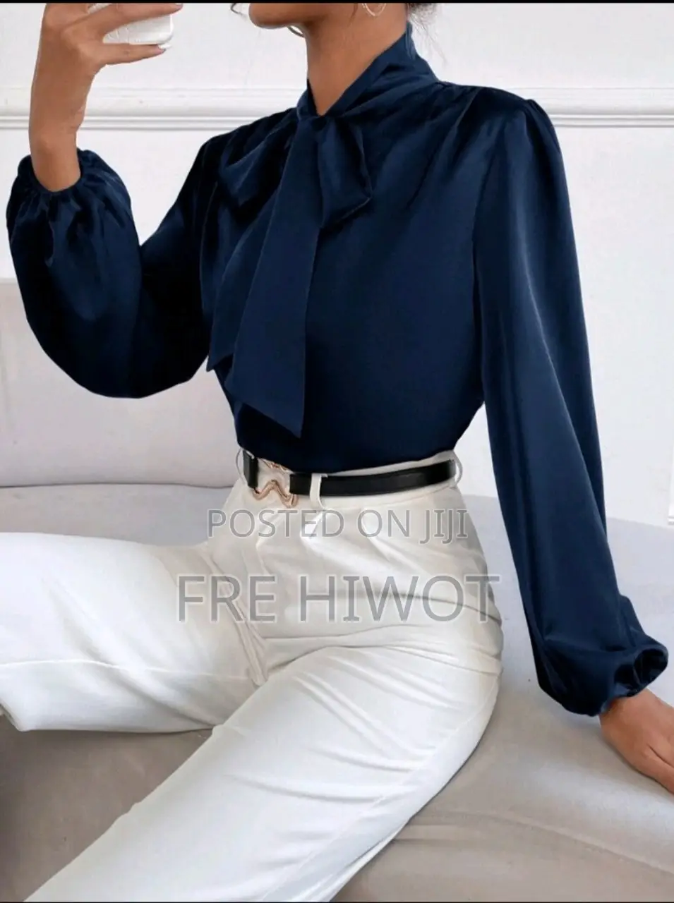 Satin Tie Neck Bishop Sleeve Blouse