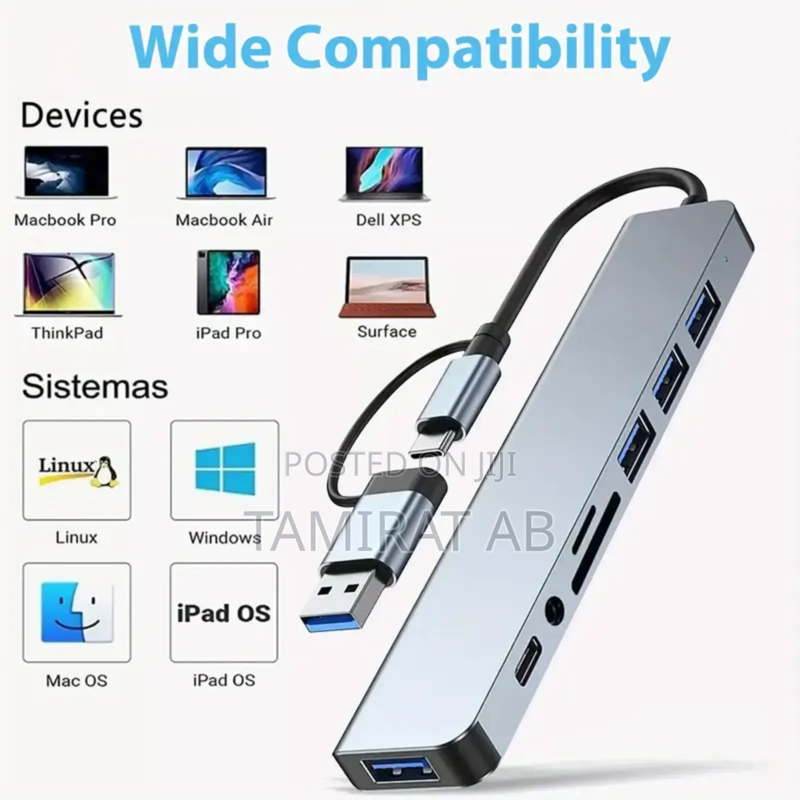 8-in-2 Usb + Type-C Hub With 3.5mm Audio Jack Adapter, Sd Card Reader