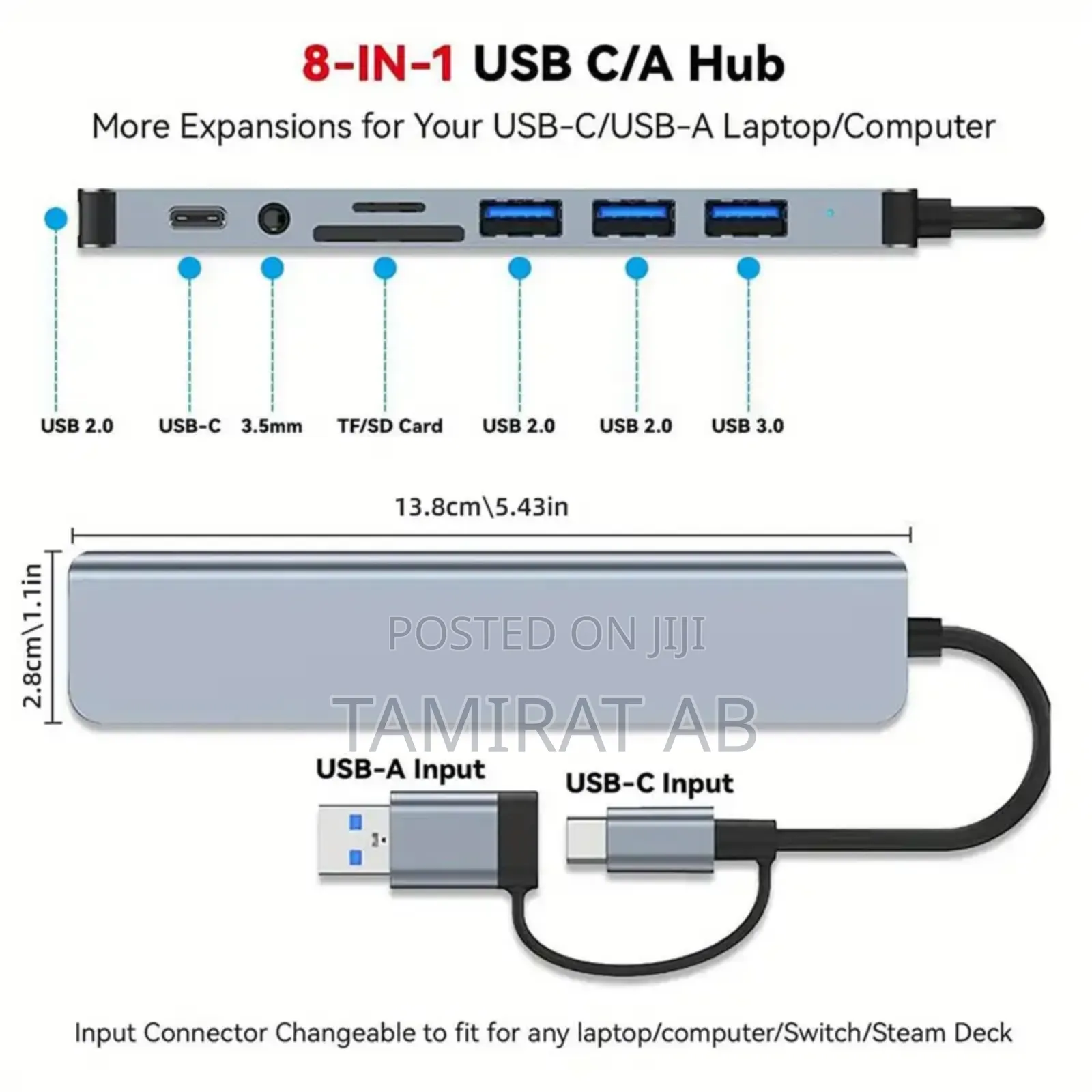 8-in-2 Usb + Type-C Hub With 3.5mm Audio Jack Adapter, Sd Card Reader