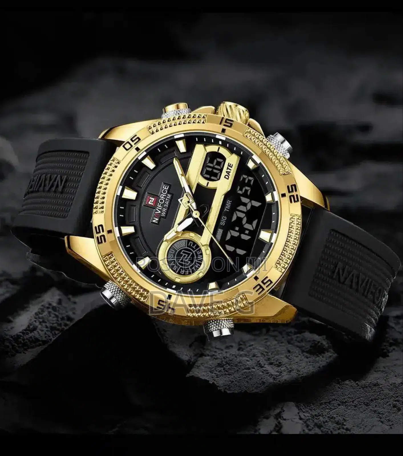 Naviforce Men Leather Steel Band Military Led Digital Quartz Alarm