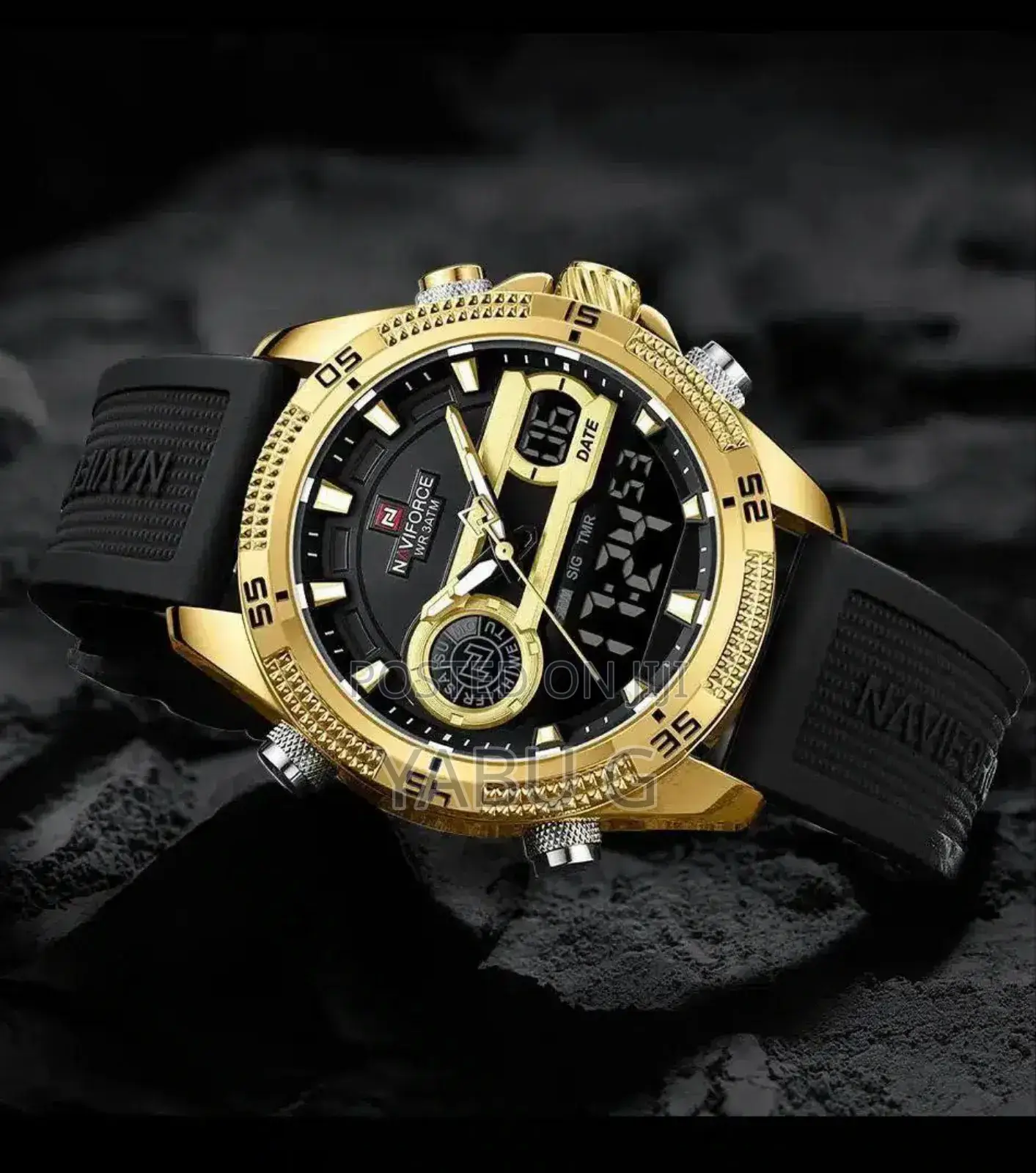 Naviforce Men Leather Steel Band Military Led Digital Quartz Alarm