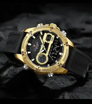 Naviforce Men Leather Steel Band Military Led Digital Quartz Alarm