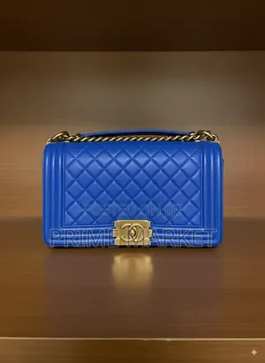 Chanel Blue Lambskin Double Chain Leather Medium Shoulder Bag