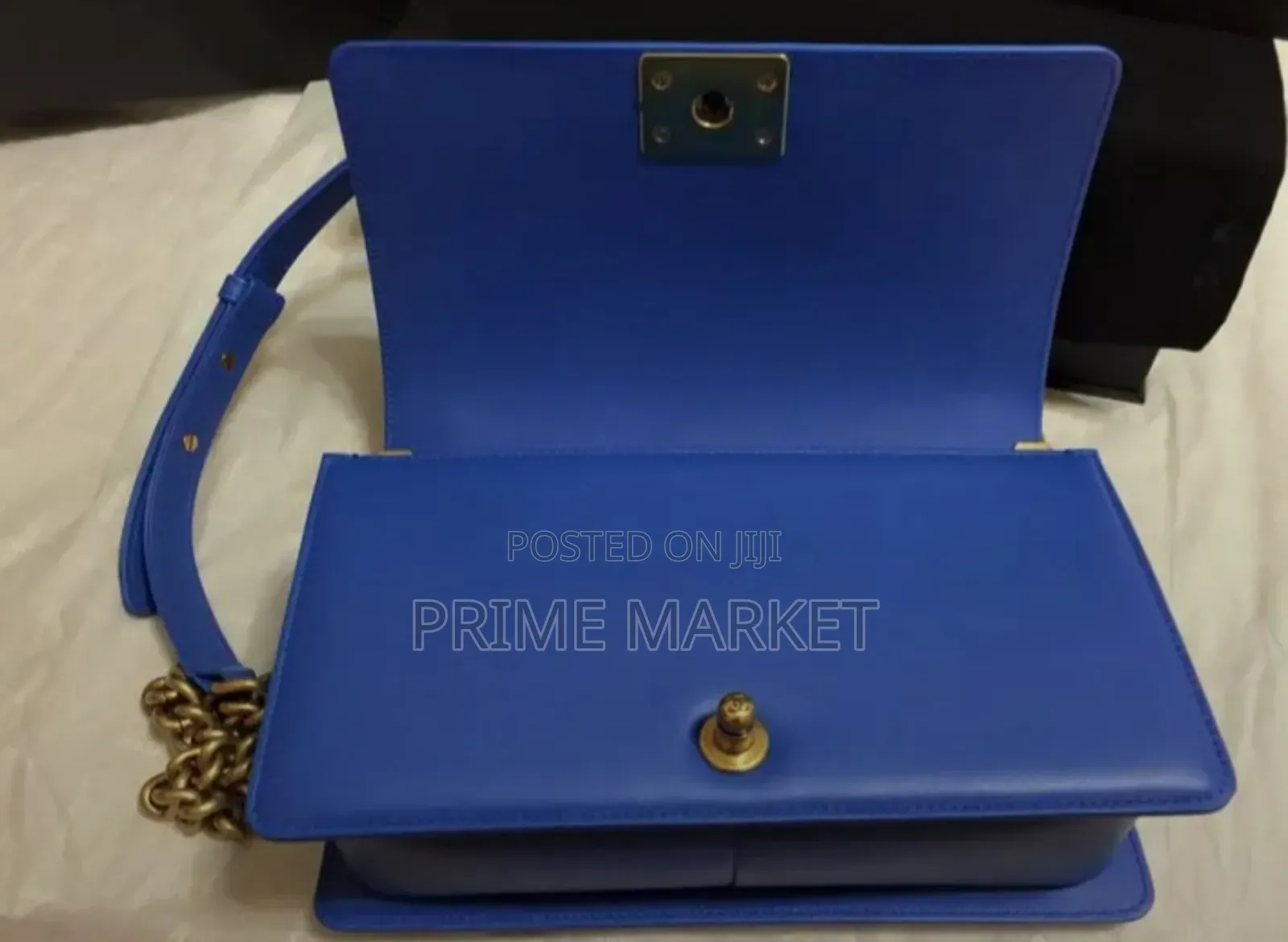 Chanel Blue Lambskin Double Chain Leather Medium Shoulder Bag