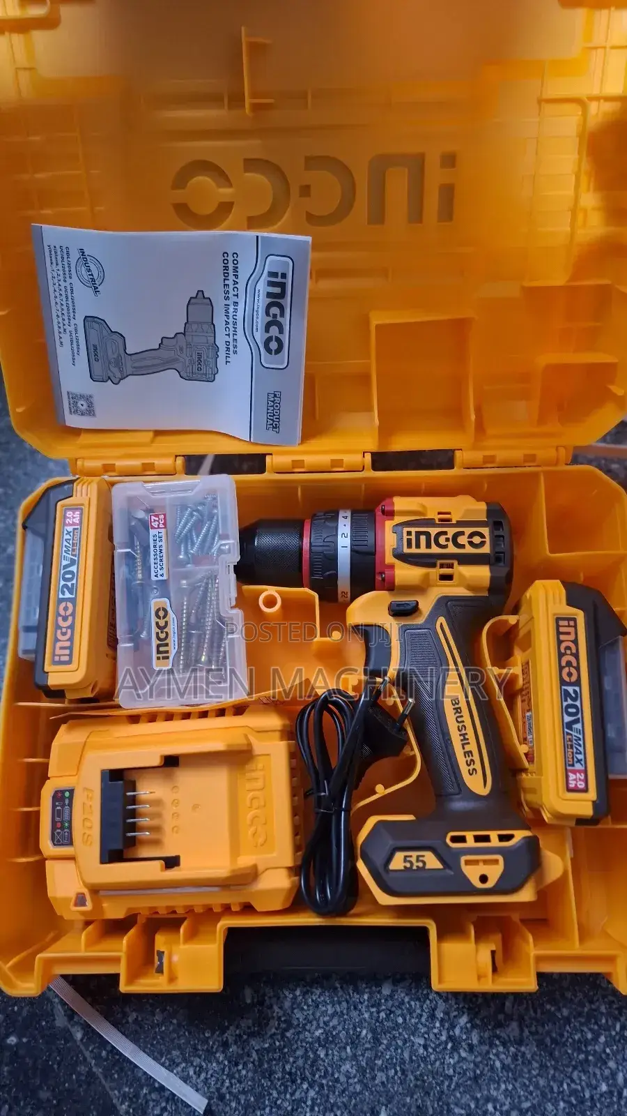 Ingco 20v 55nm Compact Brushless Impact Drill ቻርጀር ድሪል