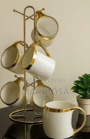 6 Set Ceramic Mug With Golden Stand