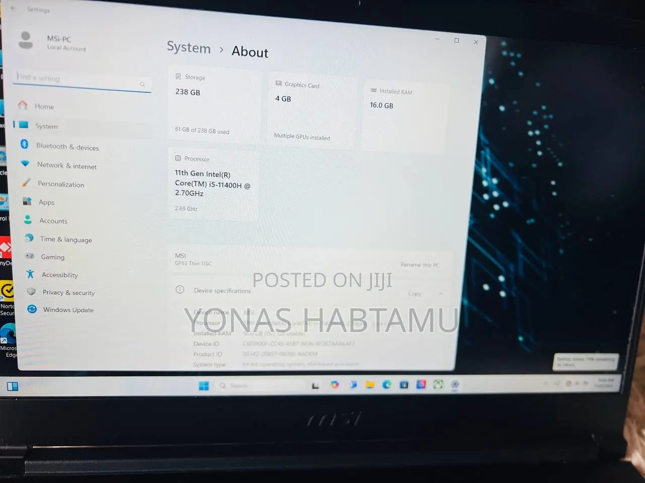 New Laptop MSI GF63 16GB Intel Core I5 SSD 256GB
