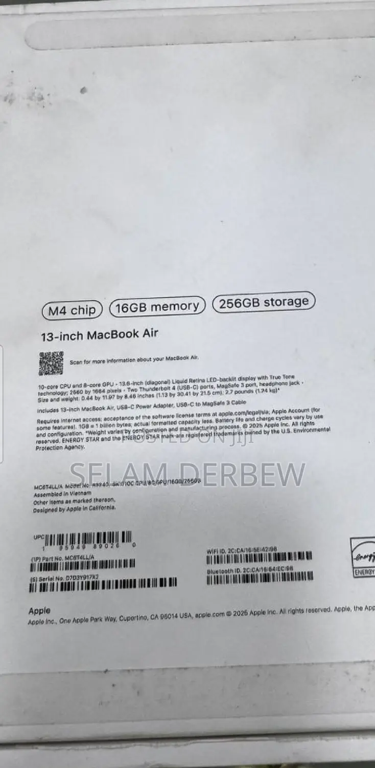 New Laptop Apple MacBook Air 2024 M3 13-Inch 16GB Apple M4 SSD 256GB