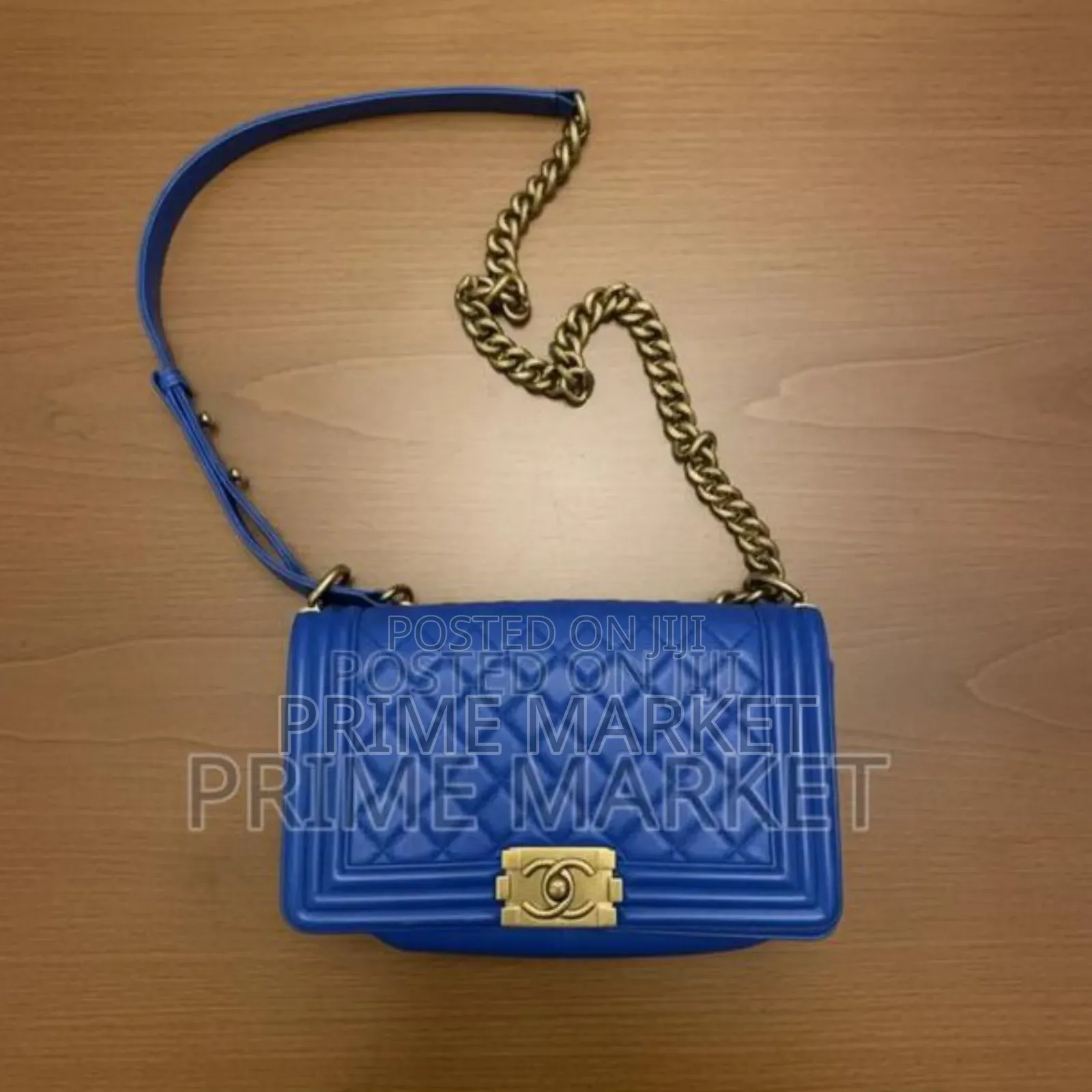Chanel Blue Lambskin Double Chain Leather Medium Shoulder Bag