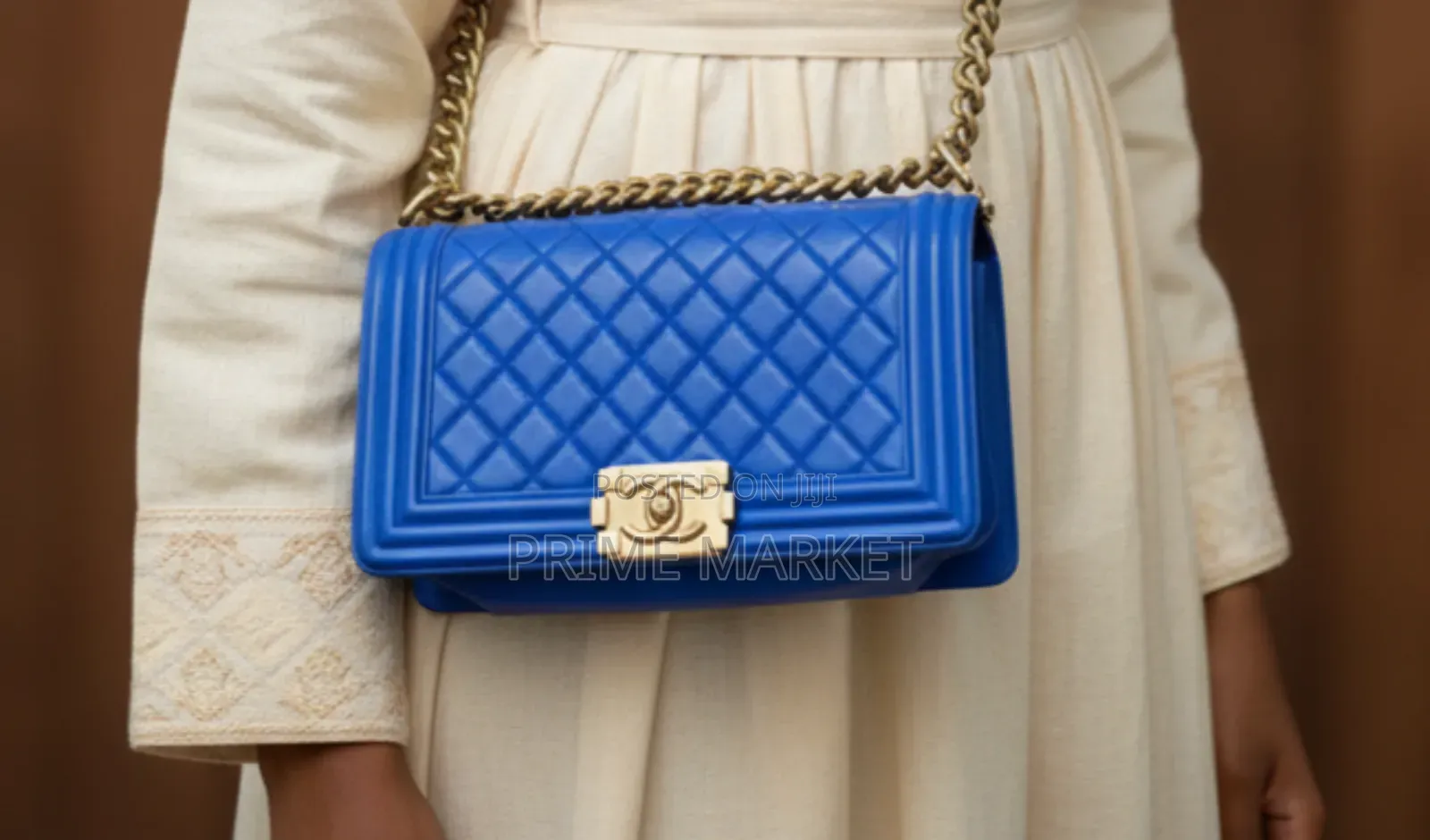 Chanel Blue Lambskin Double Chain Leather Medium Shoulder Bag