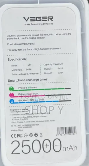 Veger Power Bank Color : Black Capacity : 25000mah