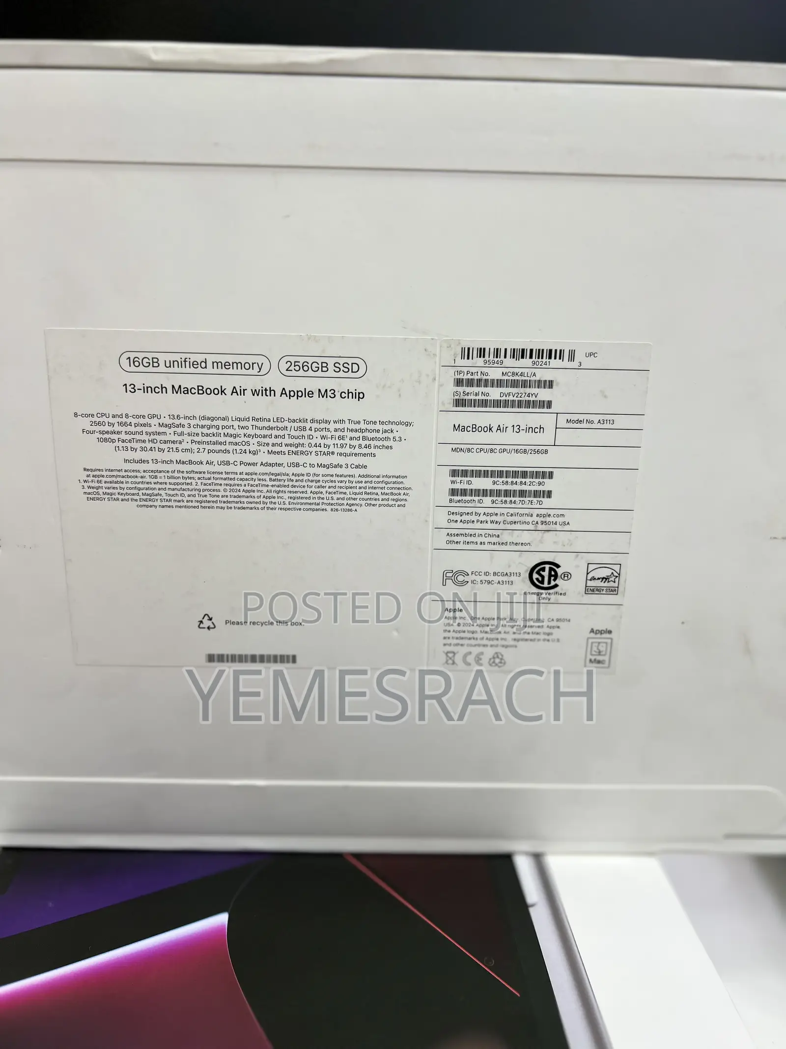 New Apple MacBook Air 2024 M3 13-Inch 16GB Intel Core M3 SSD 256GB