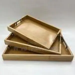 Photo - 3-Piece Bamboo Serving Tray Set With Sleek Metal Handles