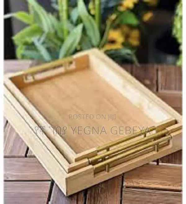 3-Piece Bamboo Serving Tray Set With Sleek Metal Handles