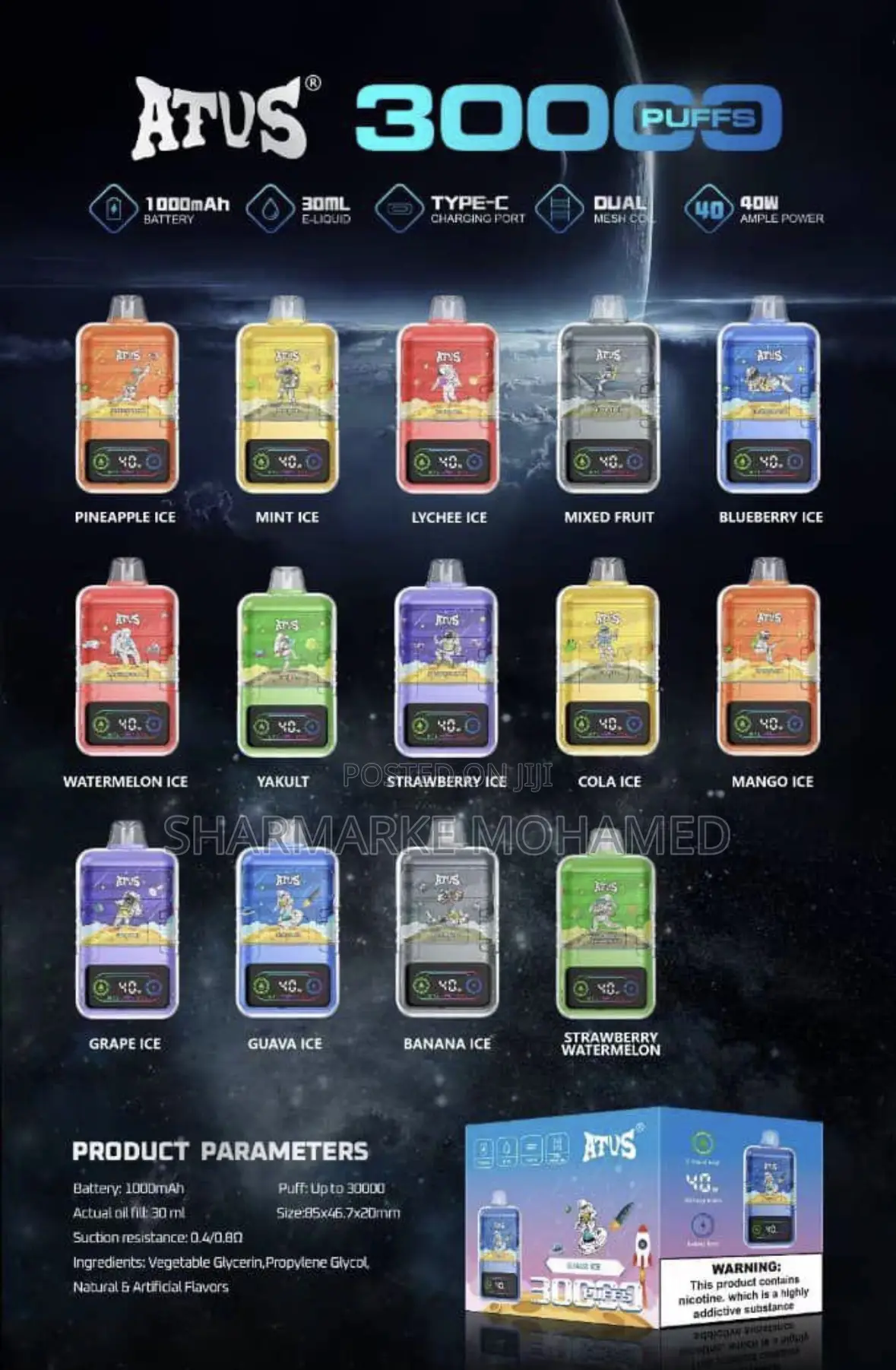 Atus 30000 Puffs Rechargeable Vape 30ml | 15 Flavors | Type-C