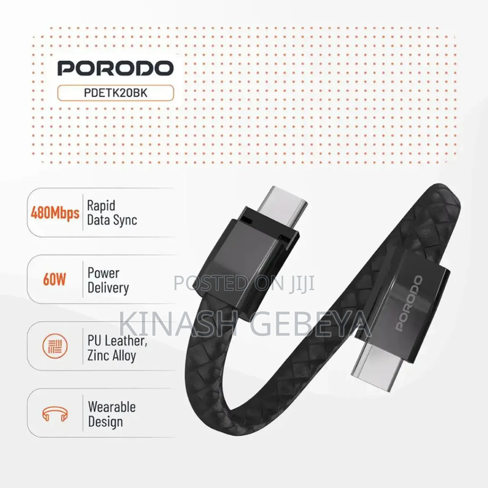 Porodo Usb C to Usb C Wrist Band Cable