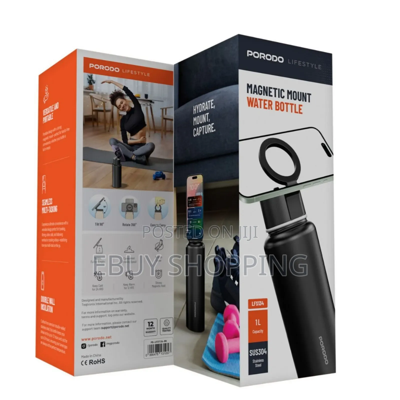 Porodo 360° Magnetic Cup Holder Water Bottle - 24h Cold, 12h Hot