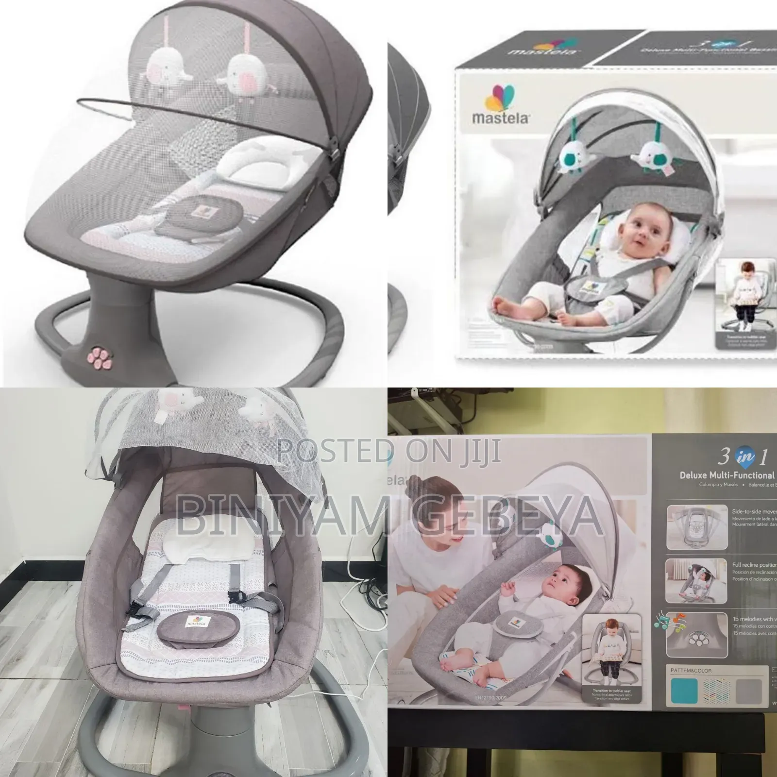 New Baby የራሱ ሪሞት ያለው ሙዚቃዎች ያሉት Mastela 3-in-1deluxe Bassinet/Swing