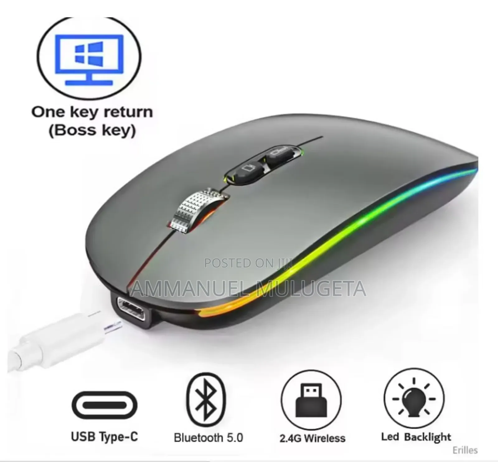  Rechargeable Wireless Mouse – Colorful Backlit Silent Click 