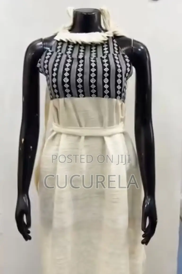 Halter-Neck Cotton Dress With Traditional Black and White Yoke