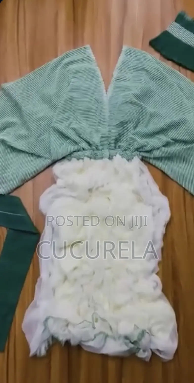 Traditional Dress, Textured Green Stripe and Ruffled White