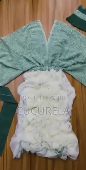 Traditional Dress, Textured Green Stripe and Ruffled White