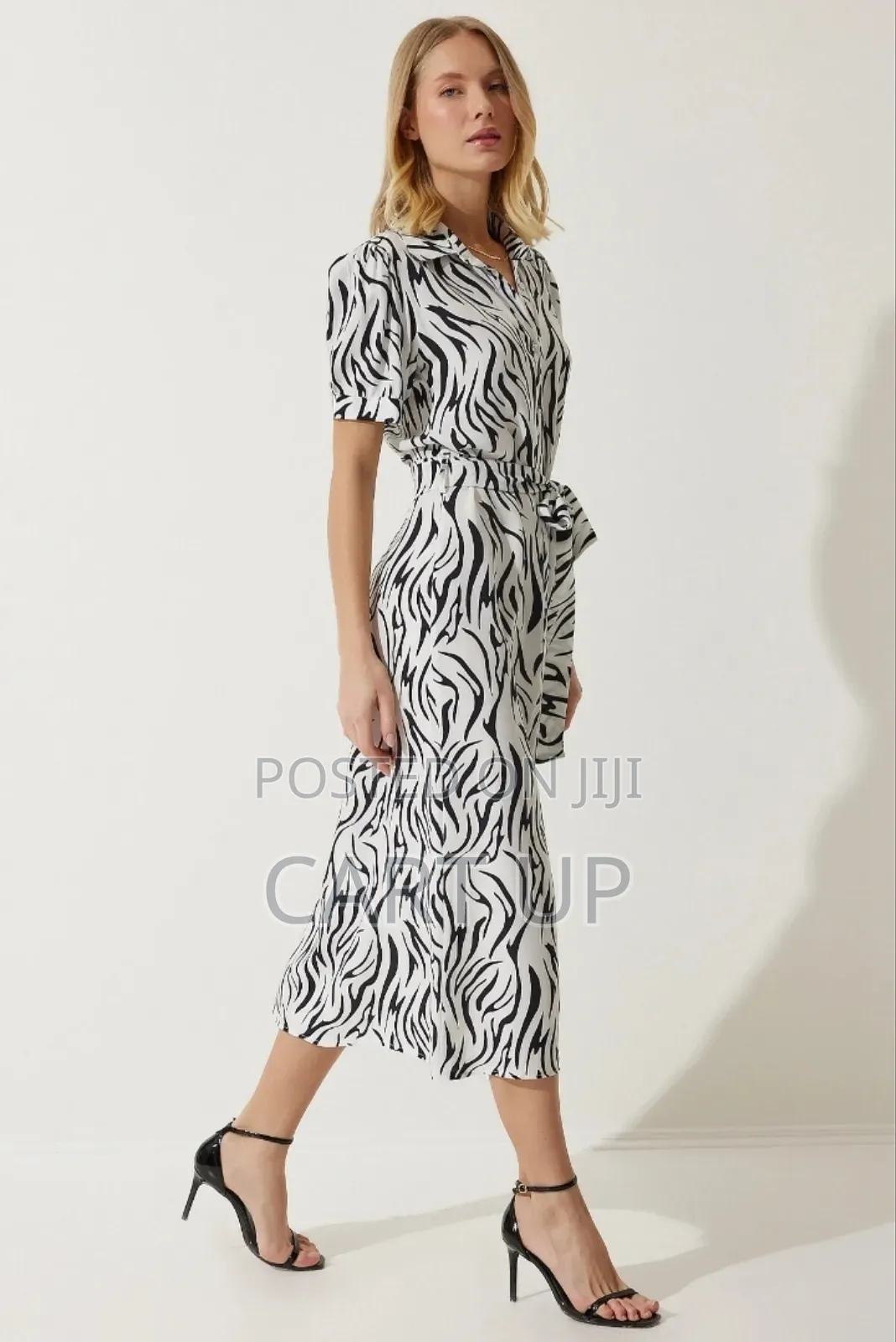 Black White Patterned Belted Dress