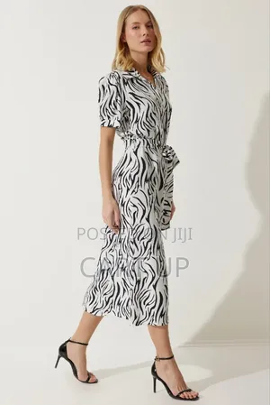 Black White Patterned Belted Dress