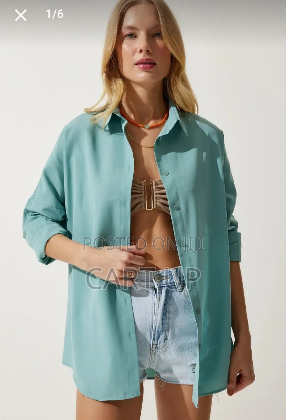 Aqua Green Oversize Long Basic Shirt