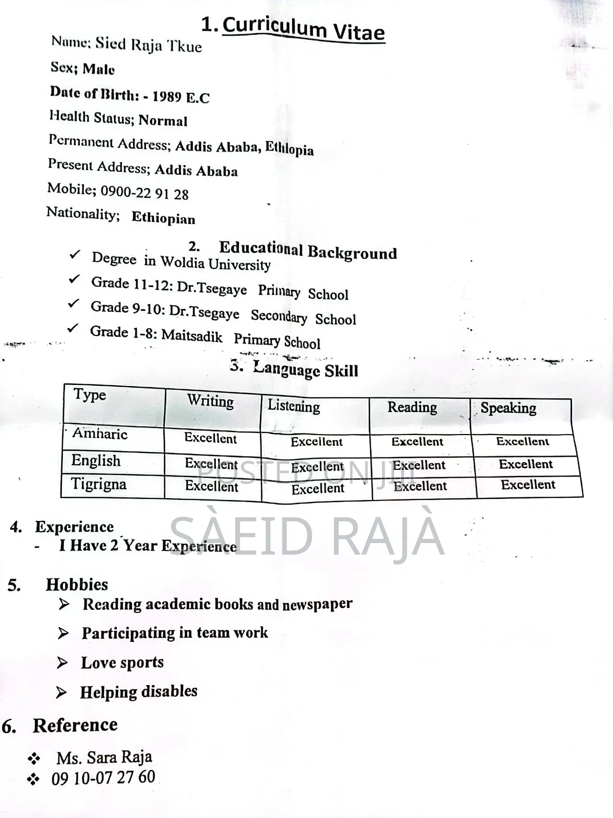 Am Called Seid Raja I Have BSC Degree in Civil Engineering