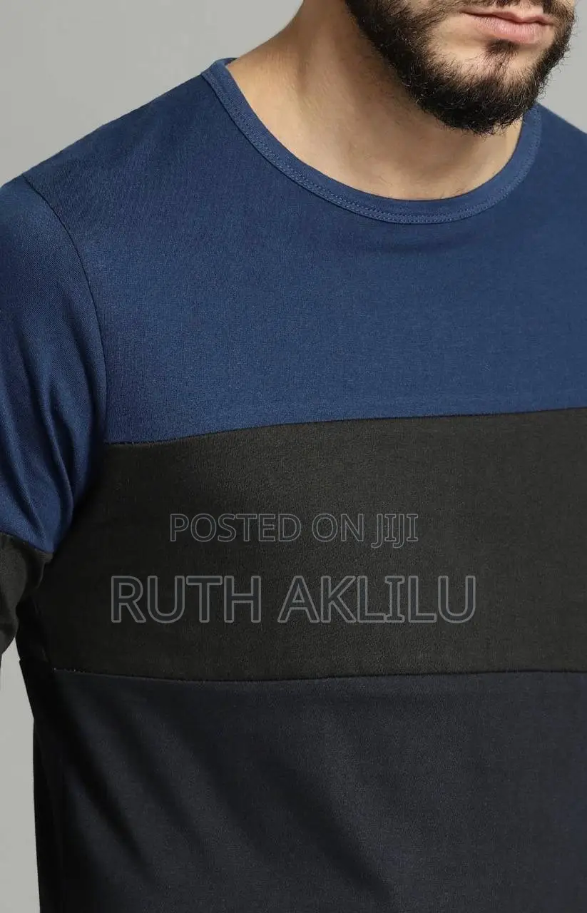 Black and Blue Color Blocked Round Neck T Shirt