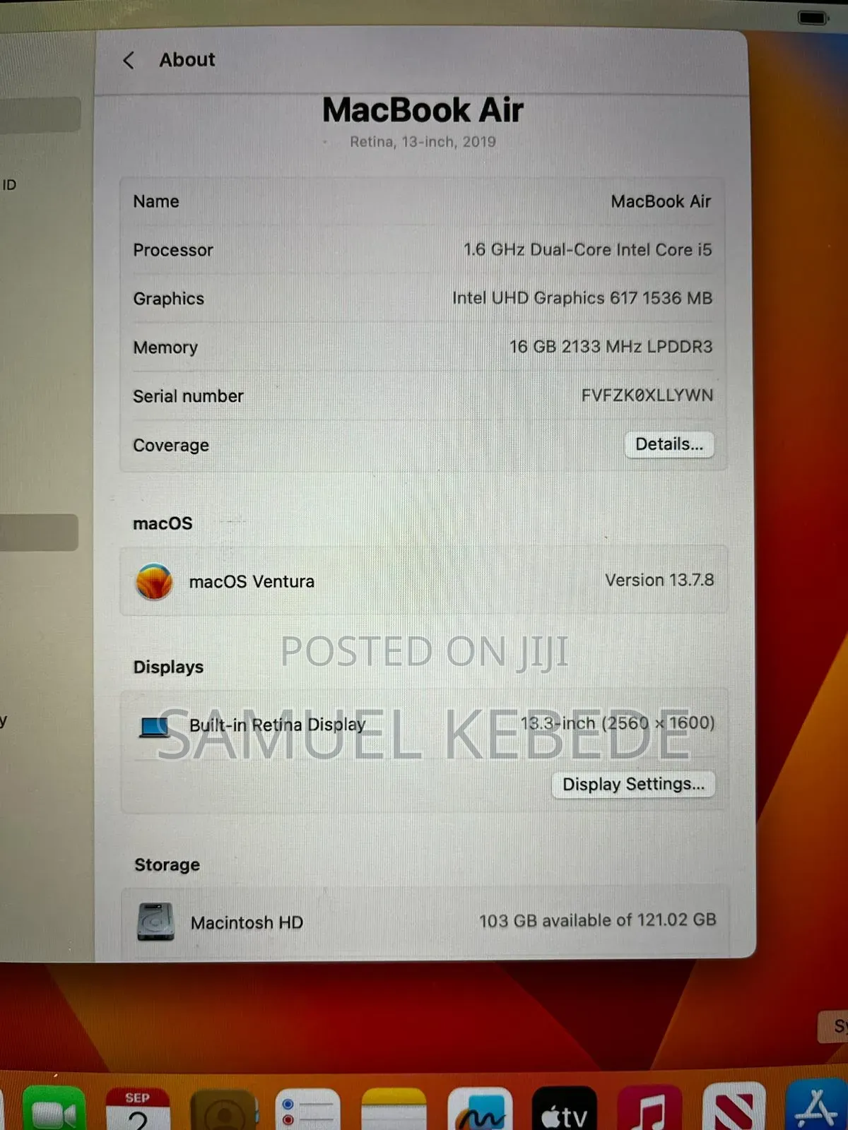 Laptop Apple MacBook Air 2019 16GB Intel Core i5 SSD 128GB