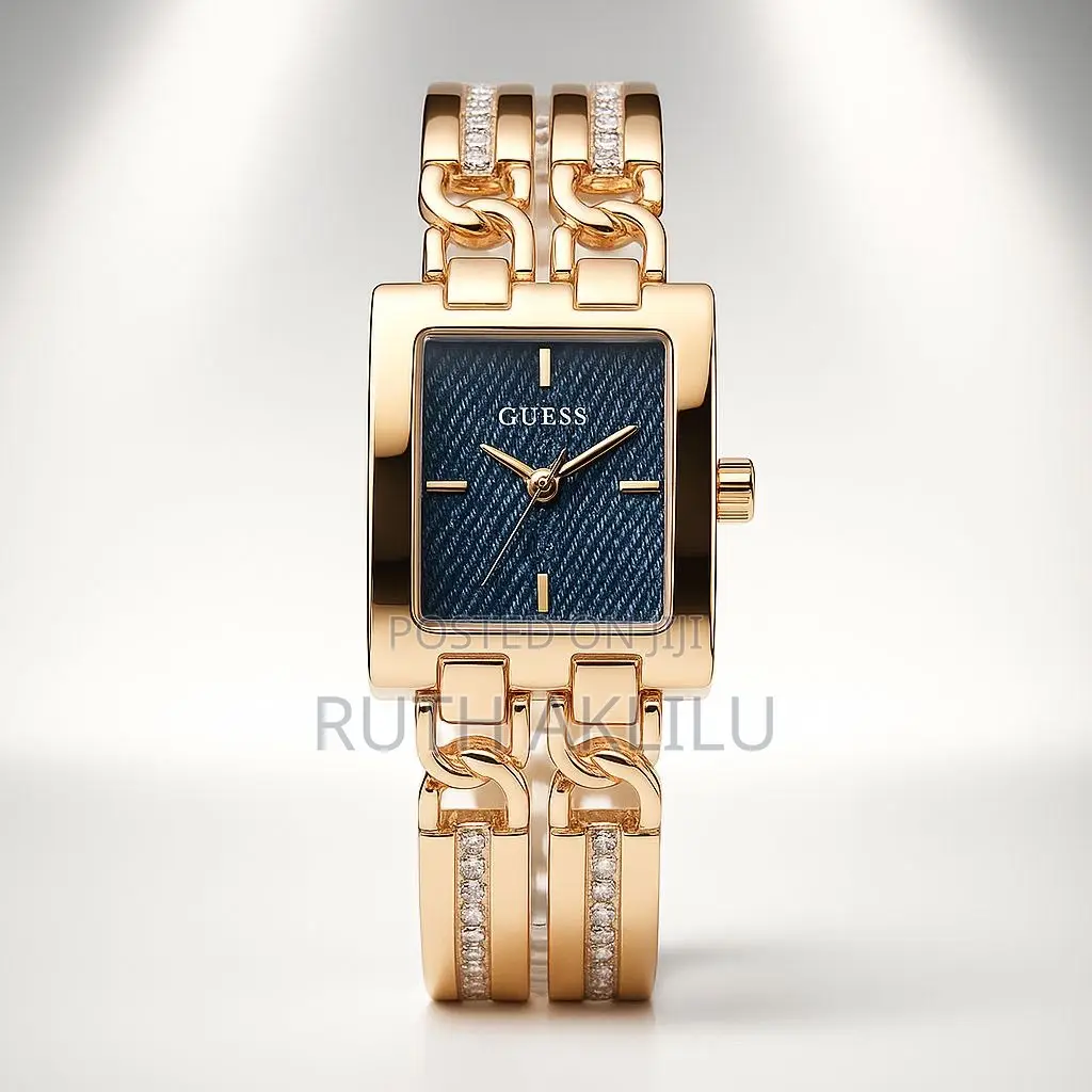 Guess Square Chain Rose Gold Blue Dial Watch for Her