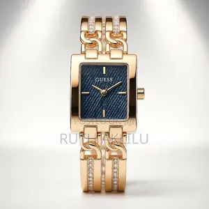 Photo - Guess Square Chain Rose Gold Blue Dial Watch for Her