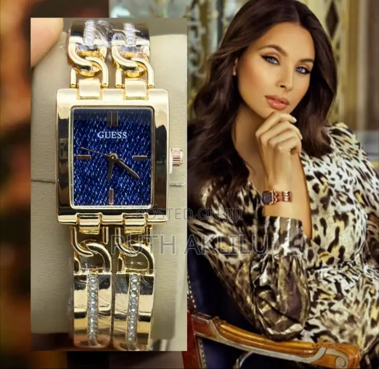 Guess Square Chain Rose Gold Blue Dial Watch for Her