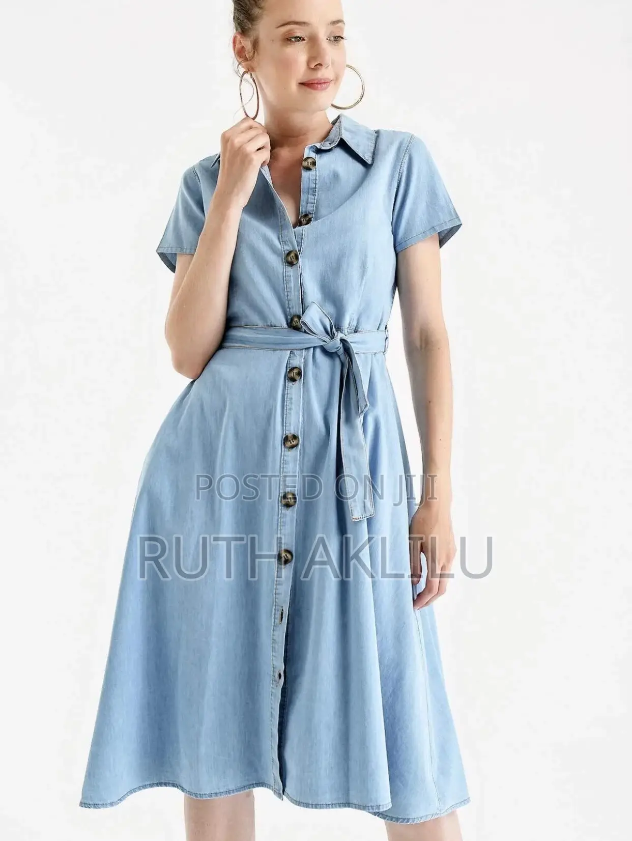 Buttoned Waist Belt Denim Dress