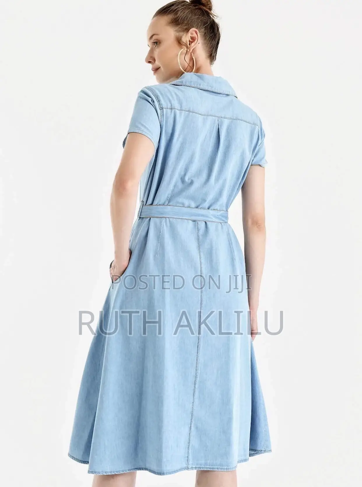 Buttoned Waist Belt Denim Dress