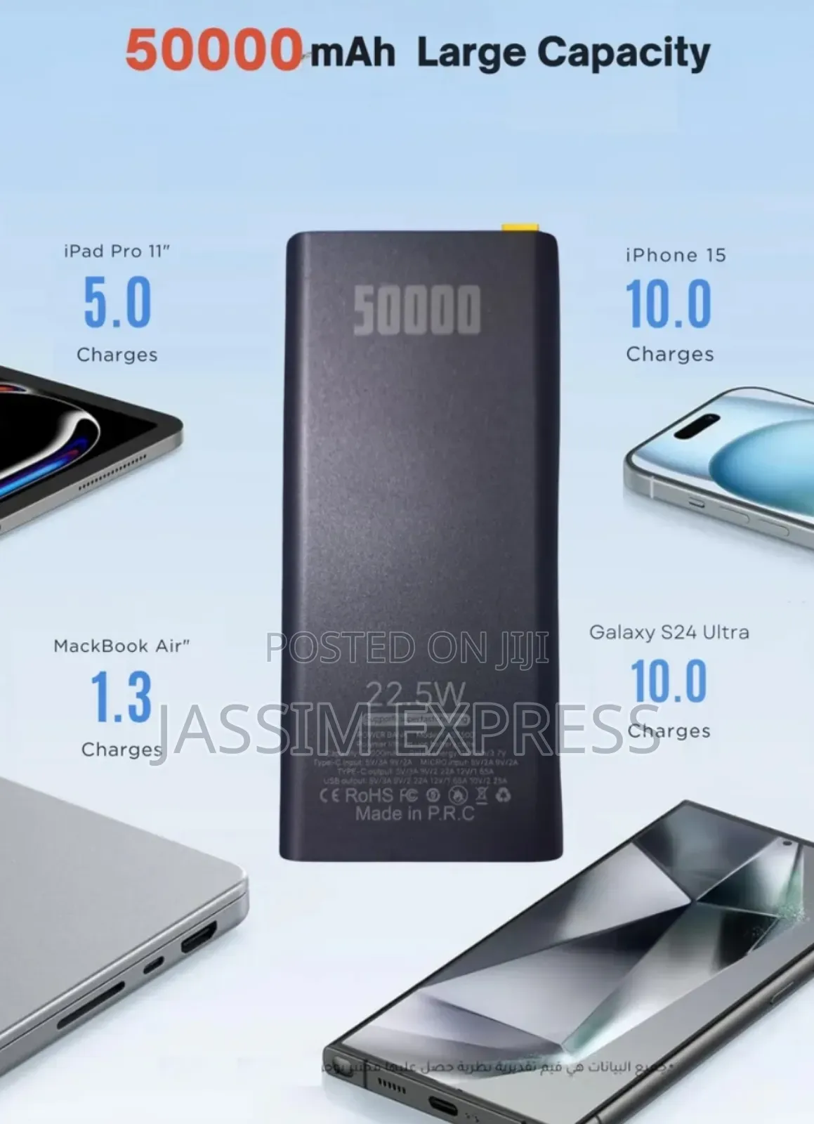 50000 Mah Power Bank Usb Type C Battery Pack 22.5w Super Fast Charging