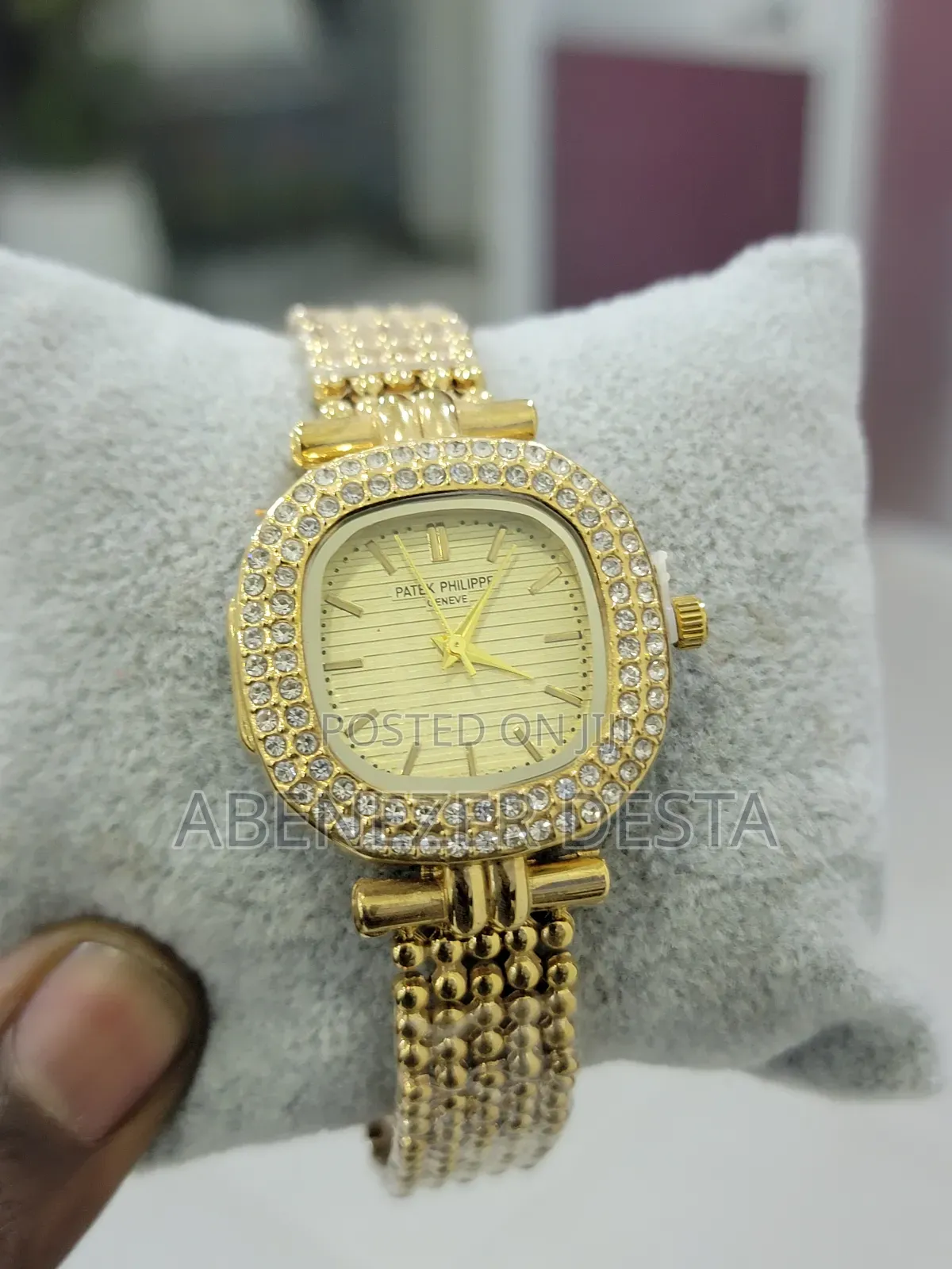 Gold-Toned, Diamond-Encrusted Patek Philippe Watch With a Square