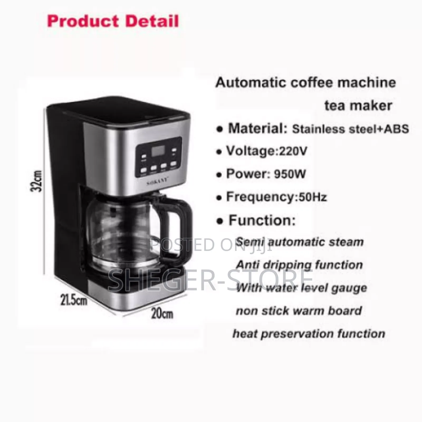 Sokany Electrical Coffeemaker ለቤትን ለቢሮ የሚሆን
12 ስኒ ወይም 1.3ሊትር ቡና የሚያፈላ