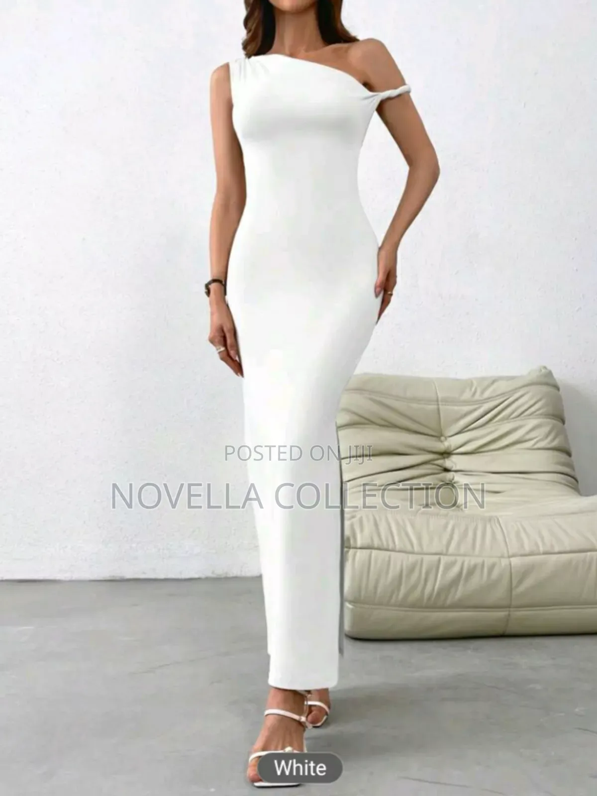 Women's Slim Fit Knit Ruched Dress With Asymmetrical Shoulder Straps