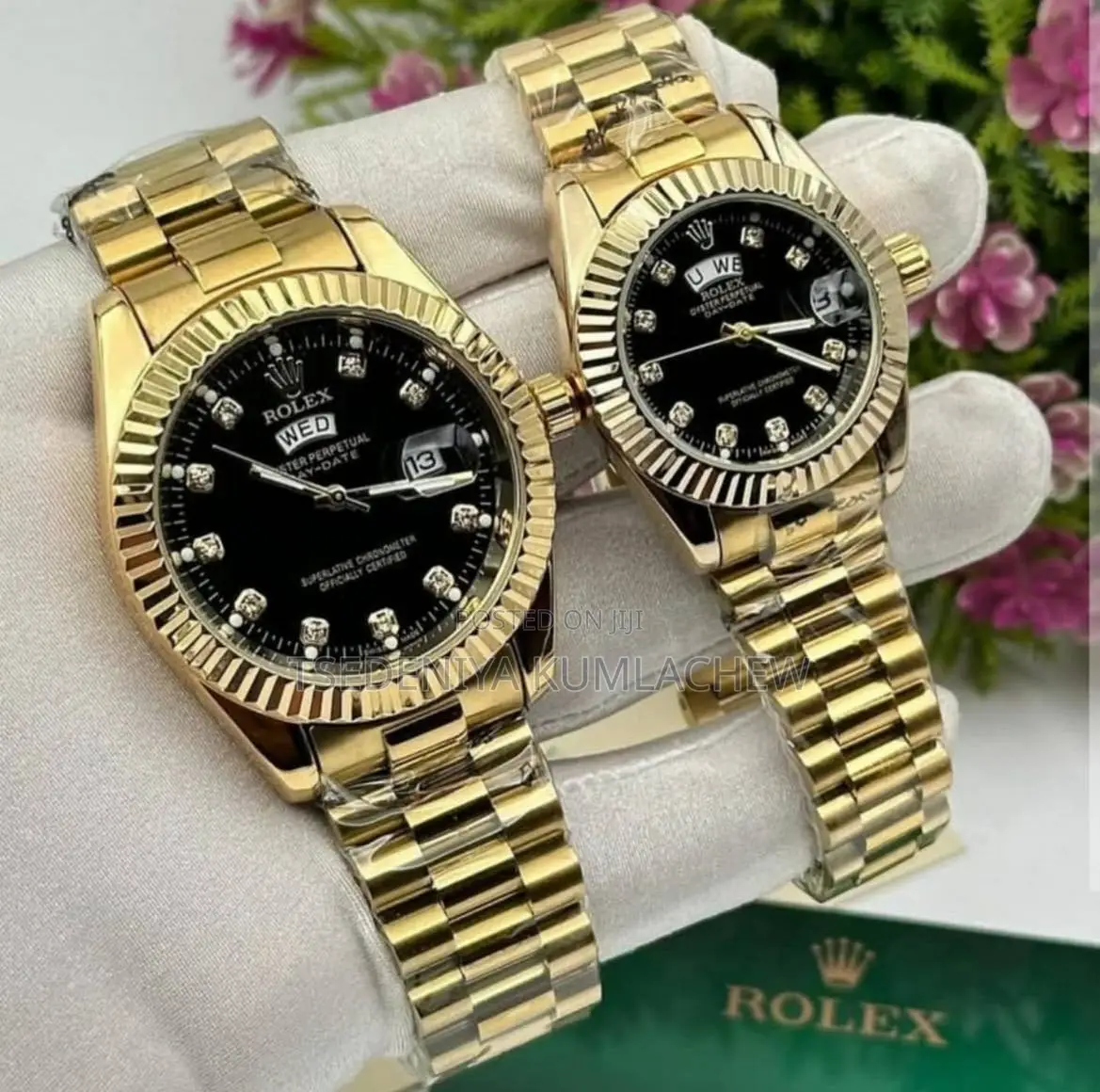 Rolex Golden in Black and Golden Stainless Steel Couples Watch