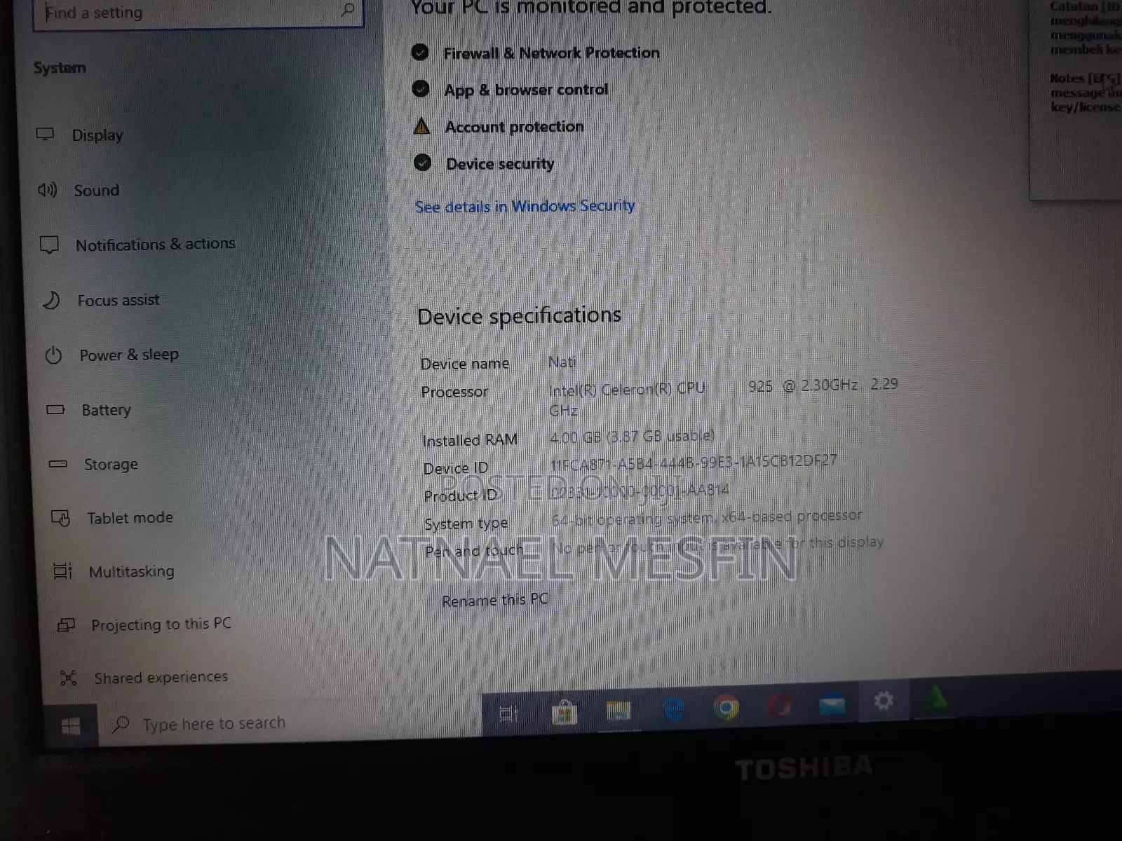 Laptop Toshiba Satellite C55 4GB Intel Celeron HDD 500GB