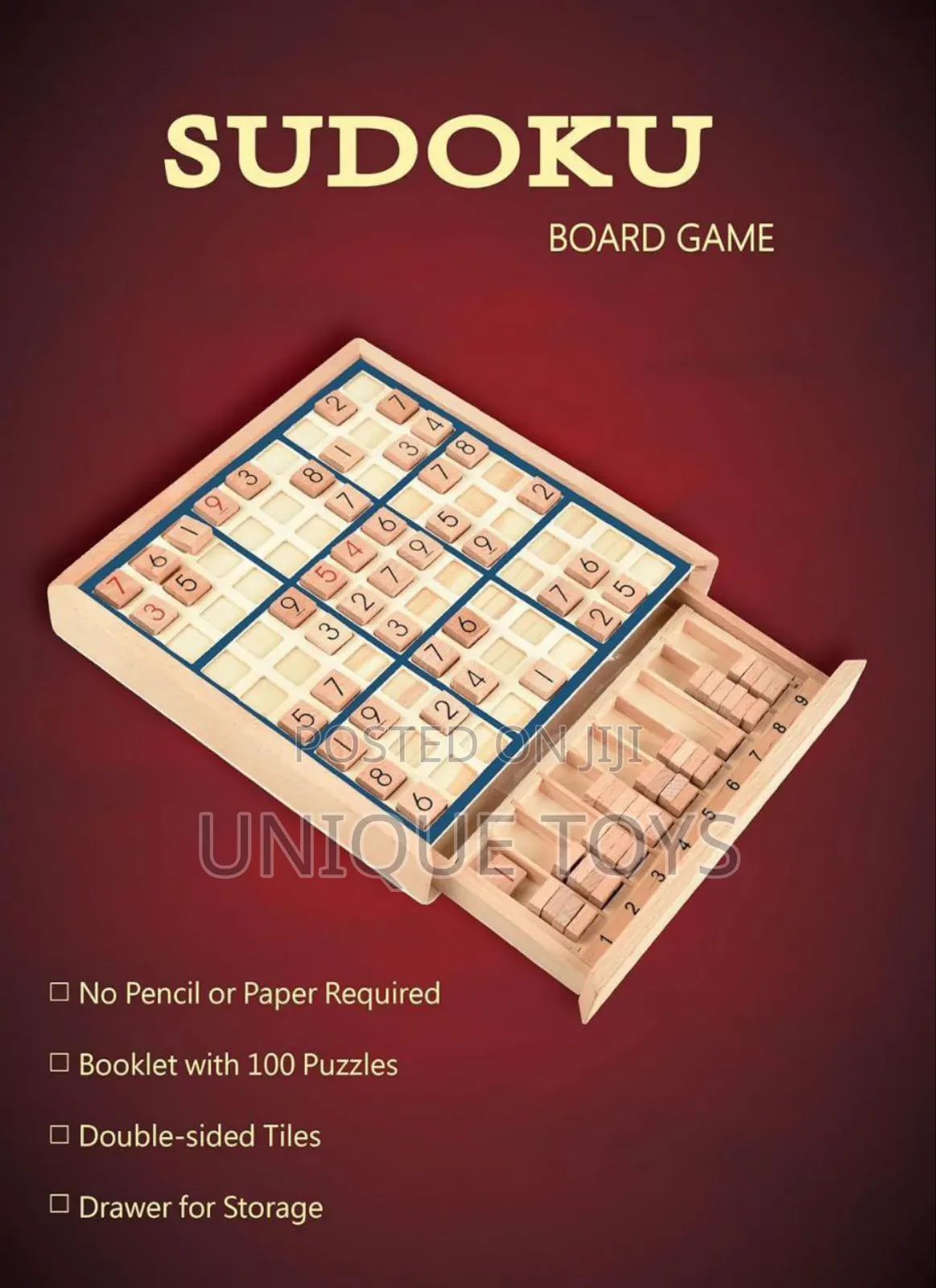 Wooden Sudoku Board Game With Drawer + 100 Puzzle Book